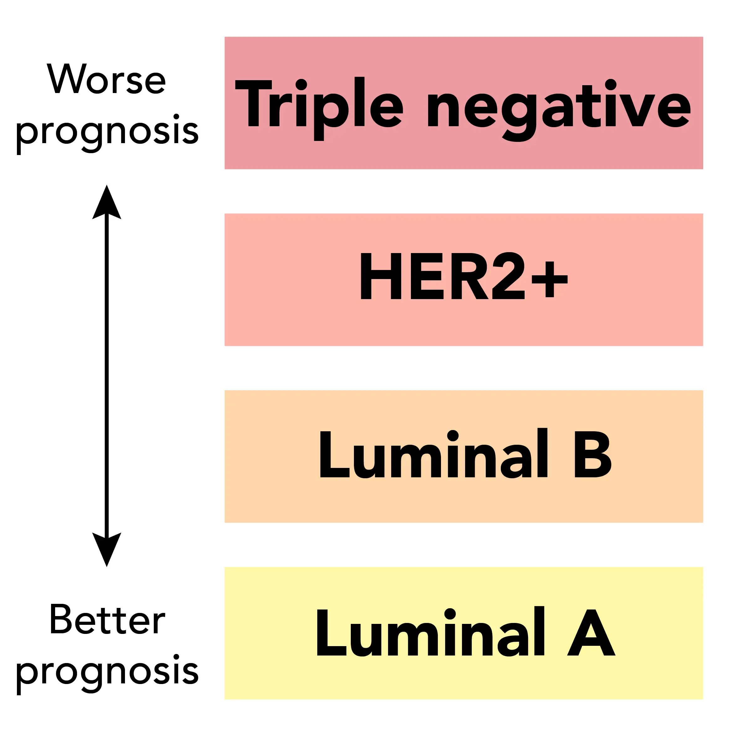 Luminal A-like breast cancers have the best prognosis, while triple-negative breast cancers have the worst.